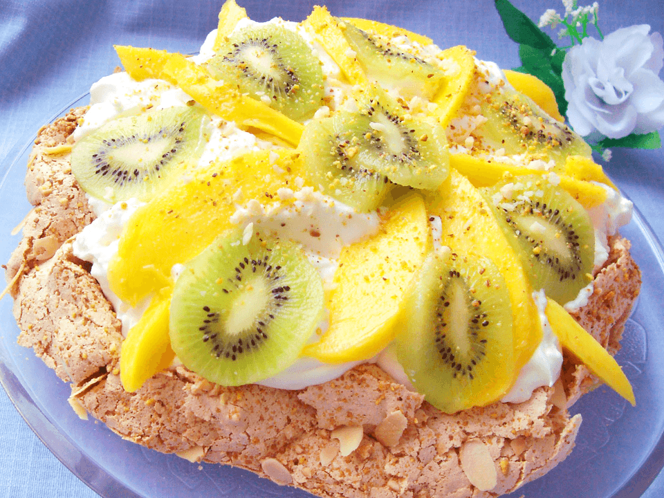 Pavlova de mango y kiwi